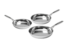 Three stainless steel frying pans of different sizes are placed on a white background.