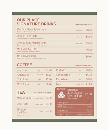 Menu with drinks and coffee options on a beige background