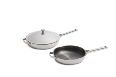 Two stainless steel pans with helper handles and long handles, one with a matching lid.