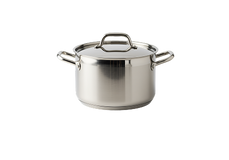 Stainless steel pot with lid and two side handles, placed on a plain white background.