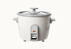 A white electric rice cooker with a closed lid, side handles, and a control switch is shown against a plain background.