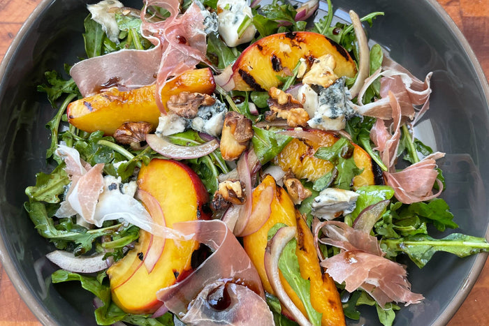 Grilled Peach Salad with Blue Cheese and Prosciutto