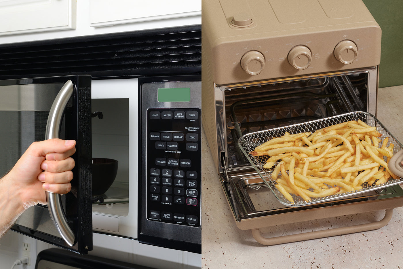 A split image of a microwave and a countertop oven