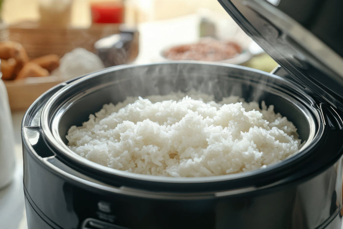 Open rice cooker with cooked rice inside