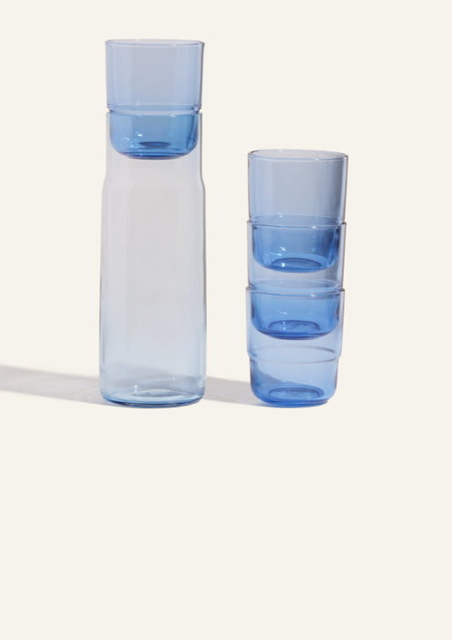 Blue Short Night + Day Glasses stacked in a blue Night + Day Carafe