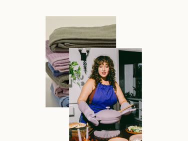 Collage of Double Dish Towels and a chef wearing a blue Hosting Apron holding purple cookware