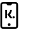 Black outline of a smartphone with a large letter K and two dots, one after the K and one below, on a white background.
