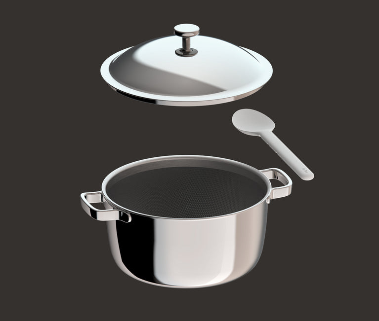 A stainless steel pot with two handles, a matching lid hovering above, and a white spoon floating to the side, all set against a dark background.