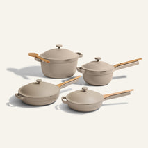 Beige large cookware set - large always pan, perfect pot, mini perfect pot and ini always pan
