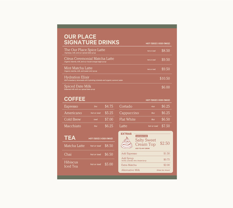 A café menu lists signature drinks, coffee, tea, and extras with prices. Options include lattes, matcha, espresso drinks, and toppings like Salty Sweet Cream Top.