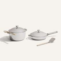 chrome titanium perfect pot pro and always pan pro with stainless steel spatula and silicone spoon