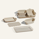 beige bakeware set, mini griddle pan and oven rack