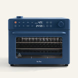 Blue toaster oven with digital display on a white background